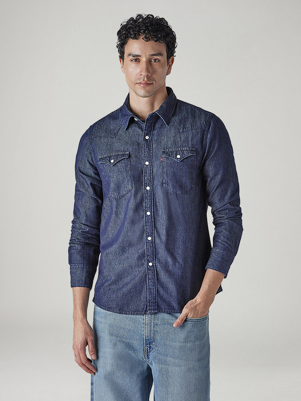 Men's Solid Regular Fit Denim Shirt - Front View