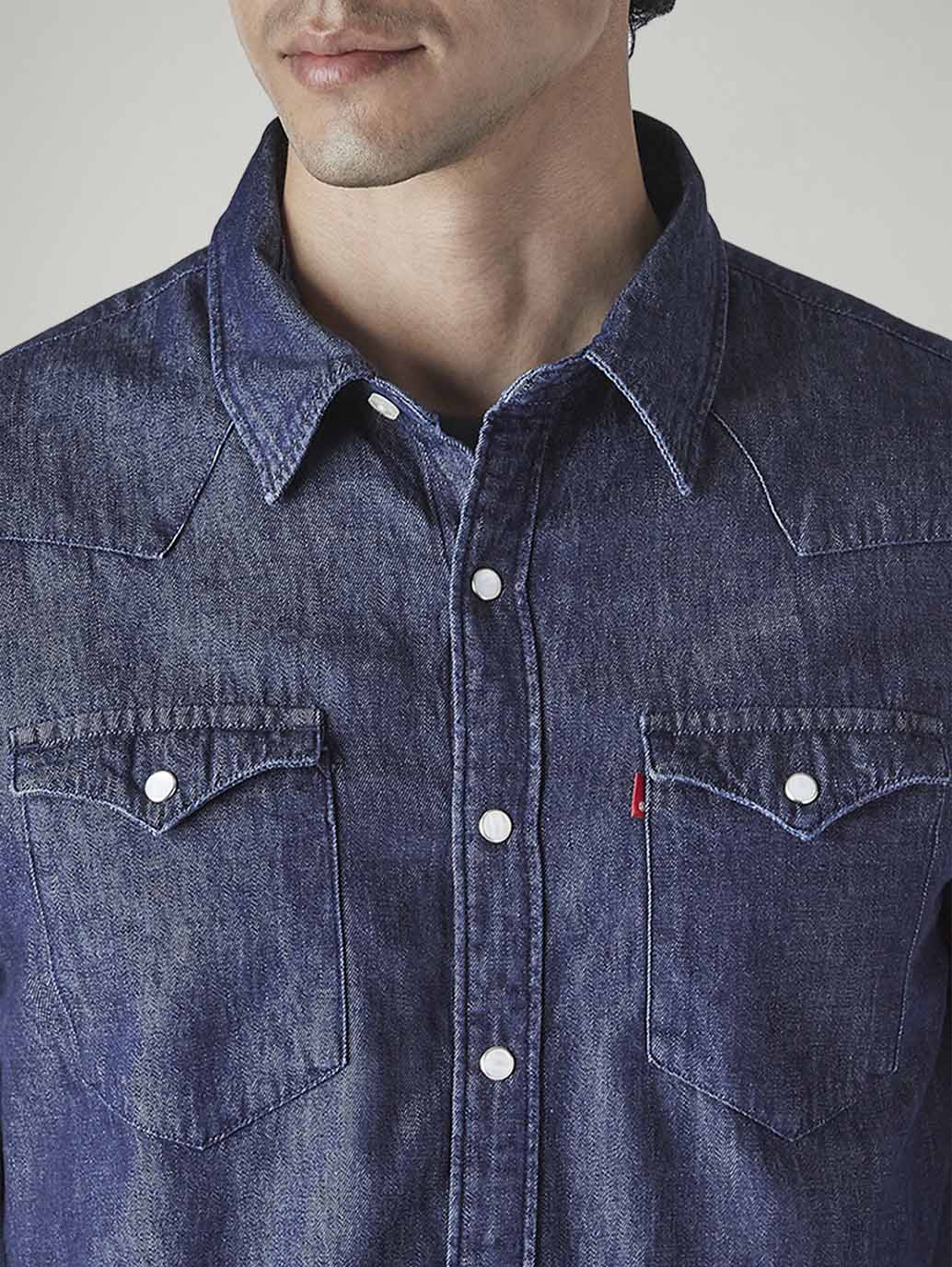 Men's Solid Regular Fit Denim Shirt - Detail View