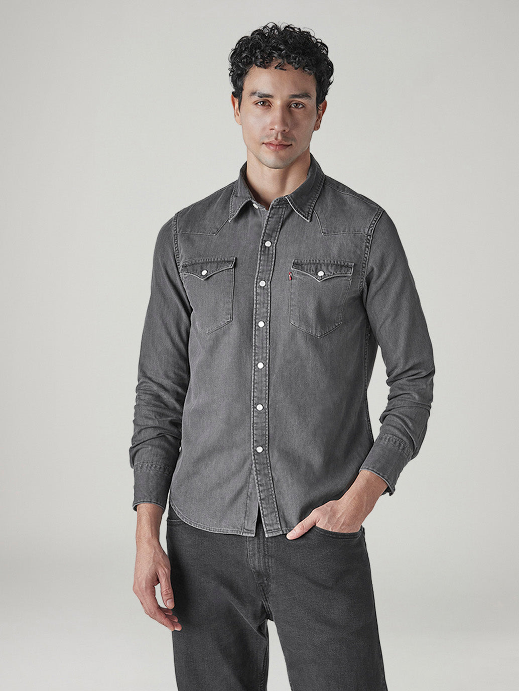 Men's Solid Regular Fit Denim Shirt - Front View