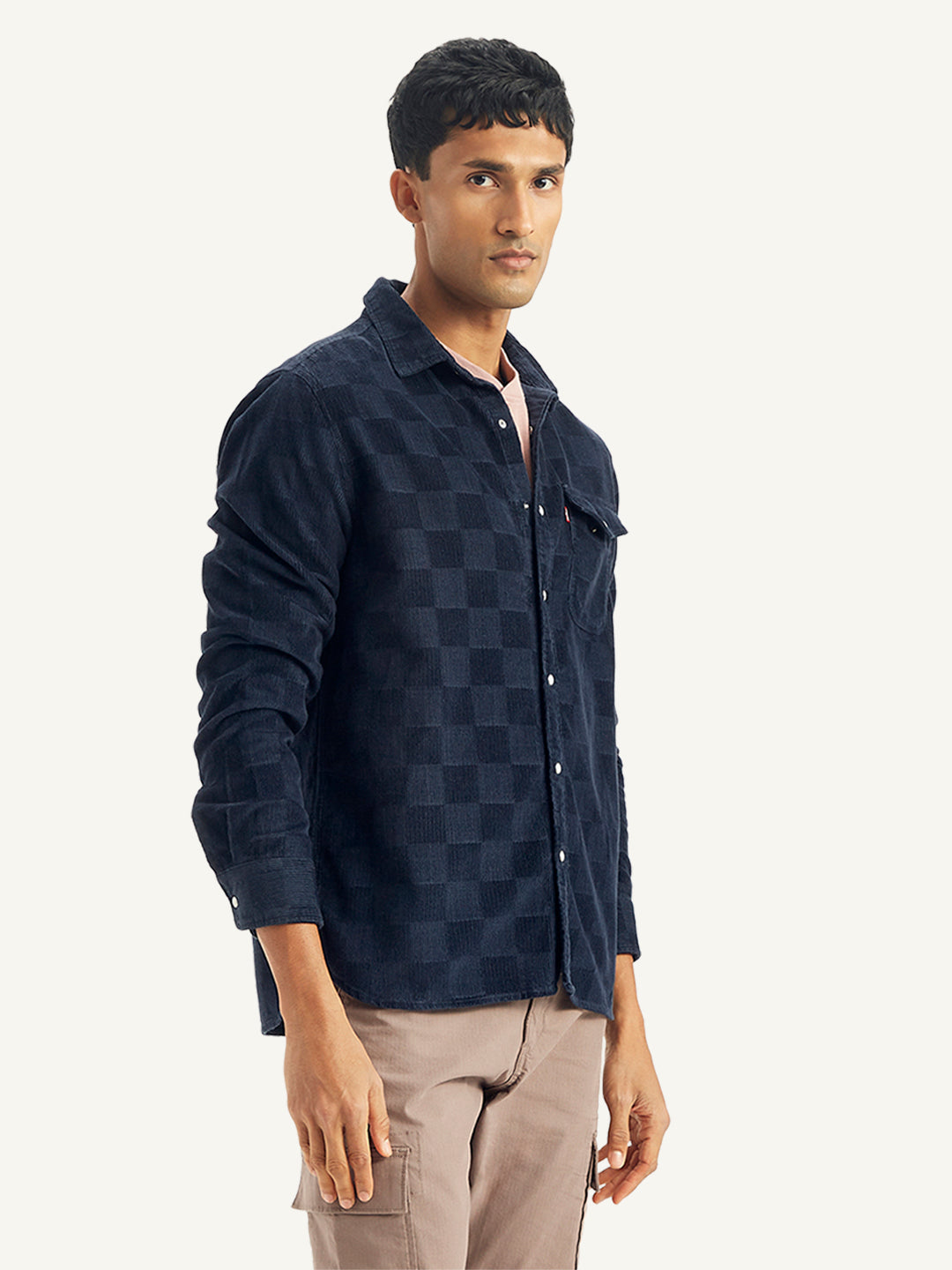 Men's Checkered Spread Collar Denim Shirt