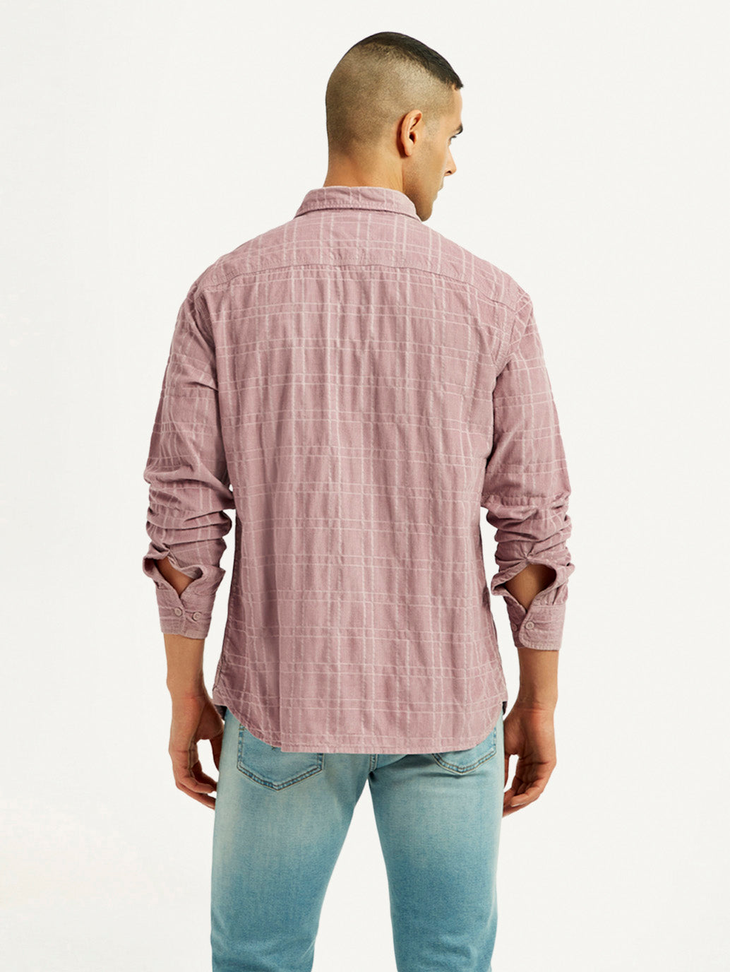 Men's Mauve Checkered Slim Fit Corduroy Shirt - Back View