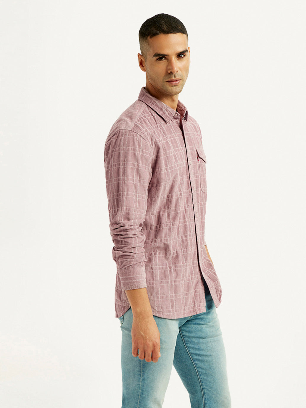 Men's Mauve Checkered Slim Fit Corduroy Shirt - Side View