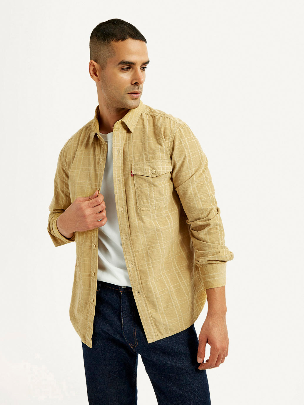 Men's Checkered Slim Fit Corduroy Shirt - Elevated View