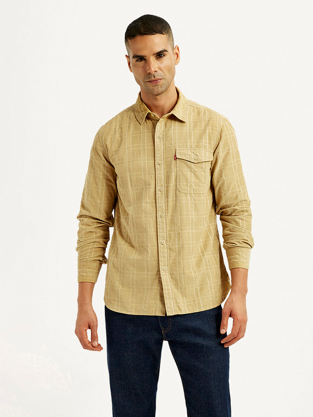 Men's Checkered Slim Fit Corduroy Shirt - Front View
