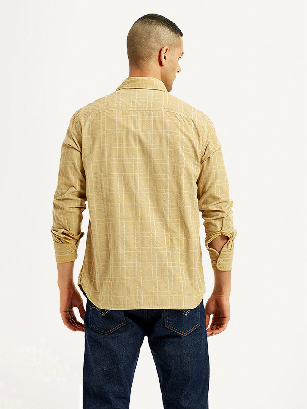 Men's Checkered Slim Fit Corduroy Shirt - Back View
