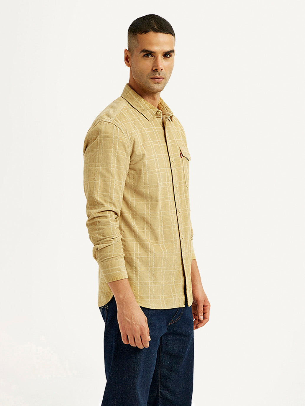 Men's Checkered Slim Fit Corduroy Shirt - Side View