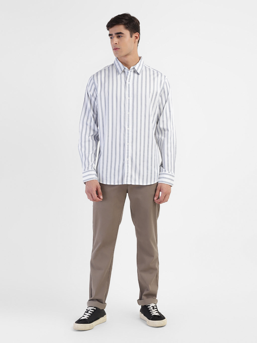 Men's Striped Spread Collar Shirt White
