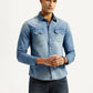 Men's Solid Light Blue Slim Fit Denim Shirt - Styleshot View