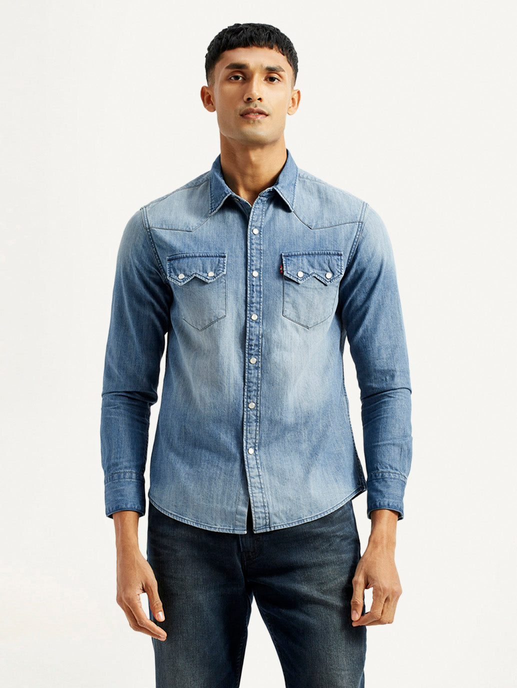 Men's Solid Light Blue Slim Fit Denim Shirt - Front View