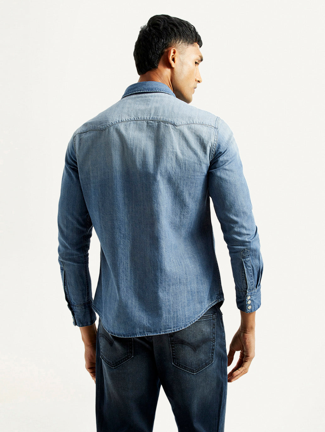 Men's Solid Light Blue Slim Fit Denim Shirt - Back View