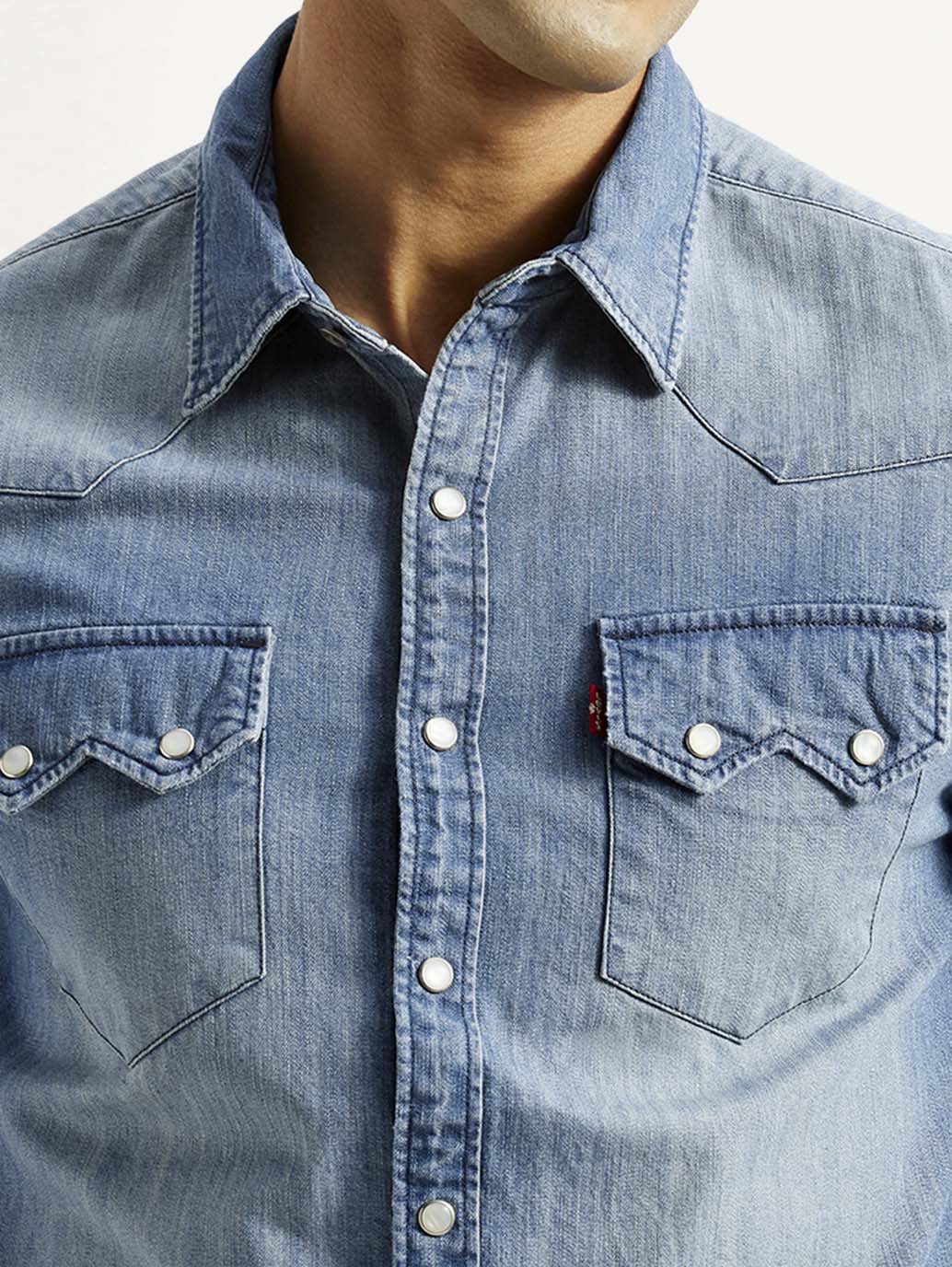 Men's Solid Light Blue Slim Fit Denim Shirt - Detail View
