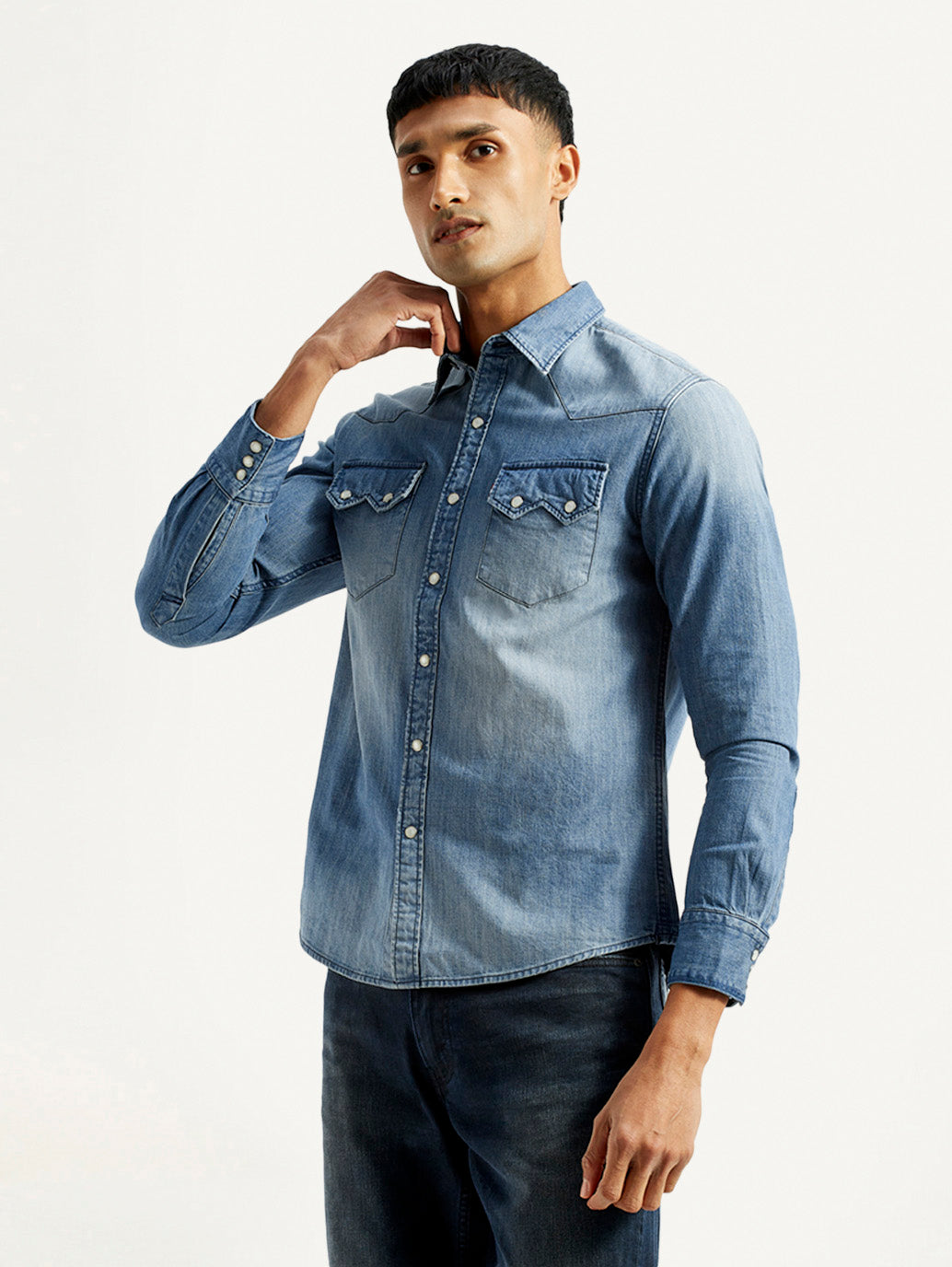 Men's Solid Light Blue Slim Fit Denim Shirt - Side View