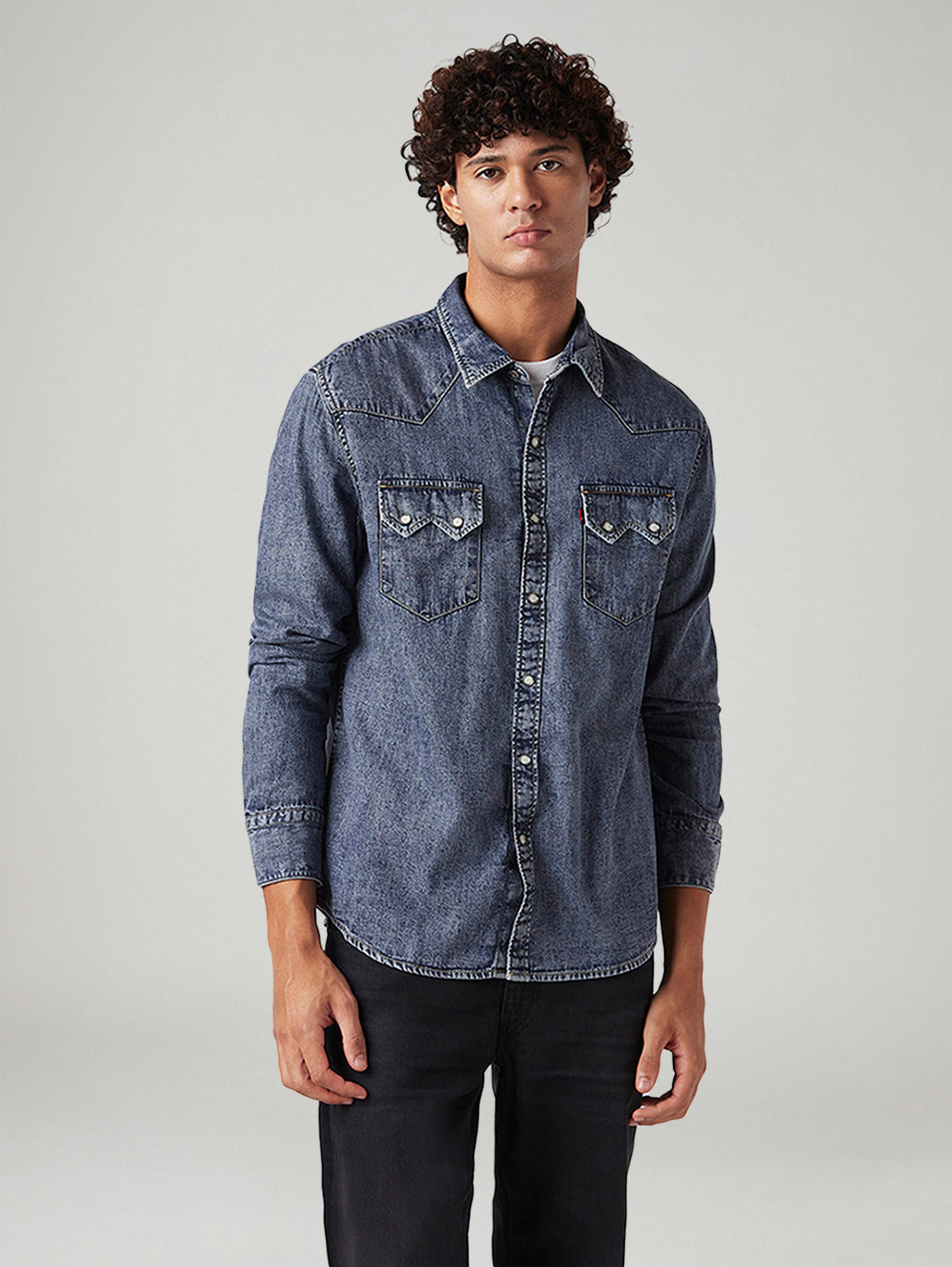 Men's Solid Slim Fit Denim Shirt - Front View