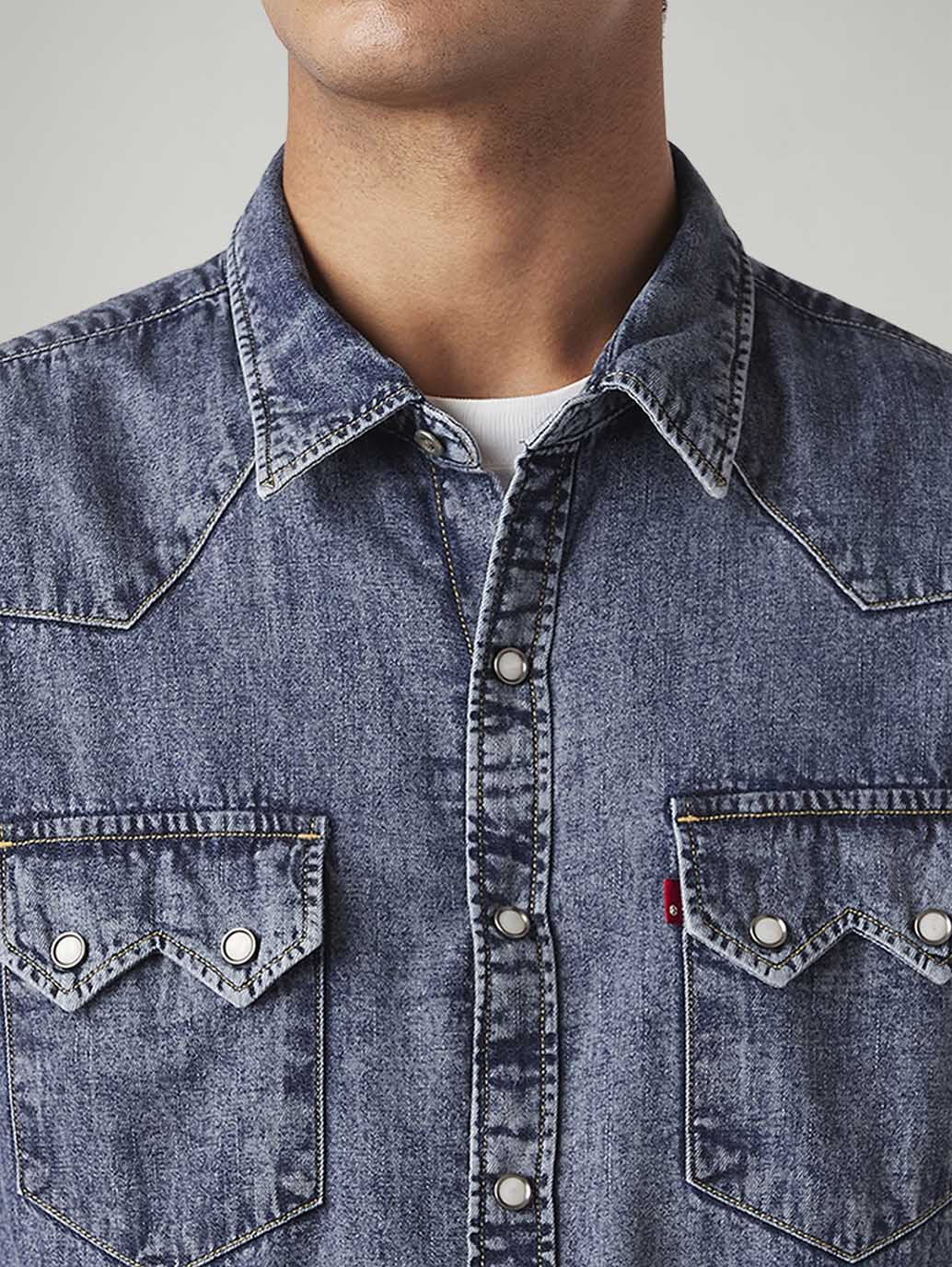 Men's Solid Slim Fit Denim Shirt - Detail View