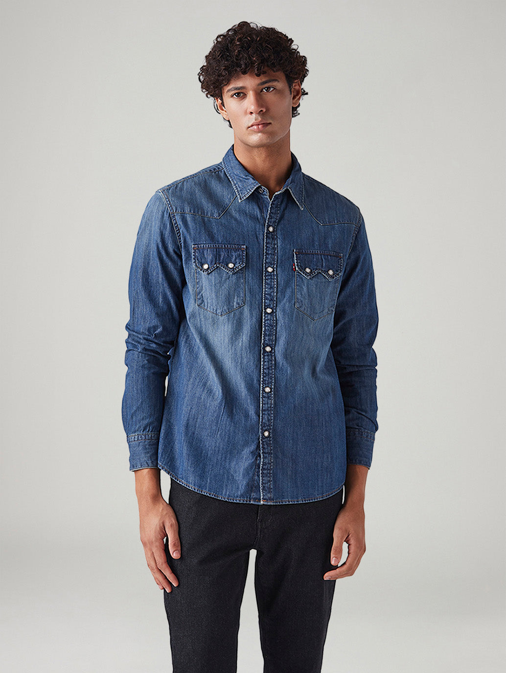 Men's Solid Slim Fit Denim Shirt - Front View