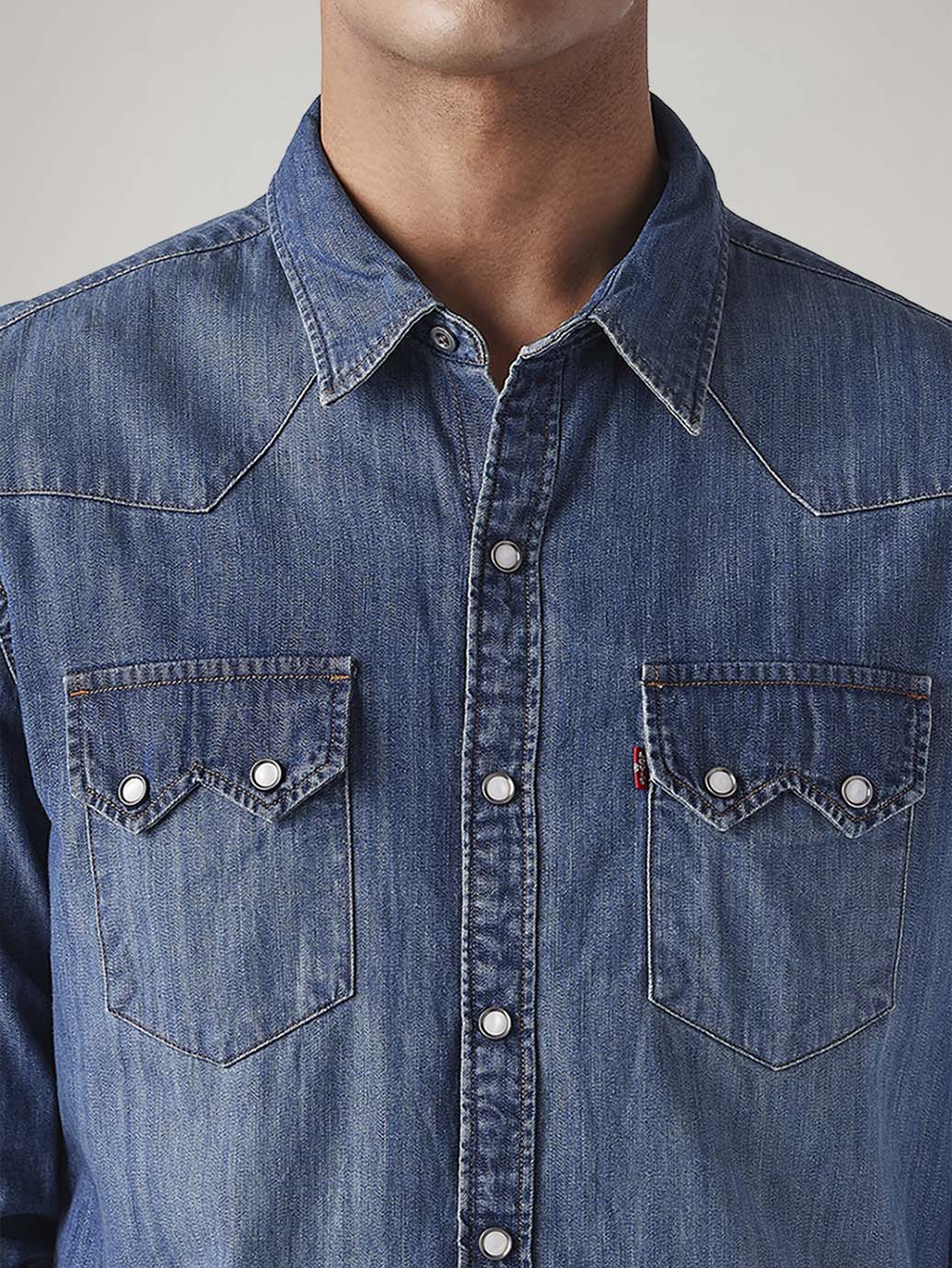 Men's Solid Slim Fit Denim Shirt - Detail View