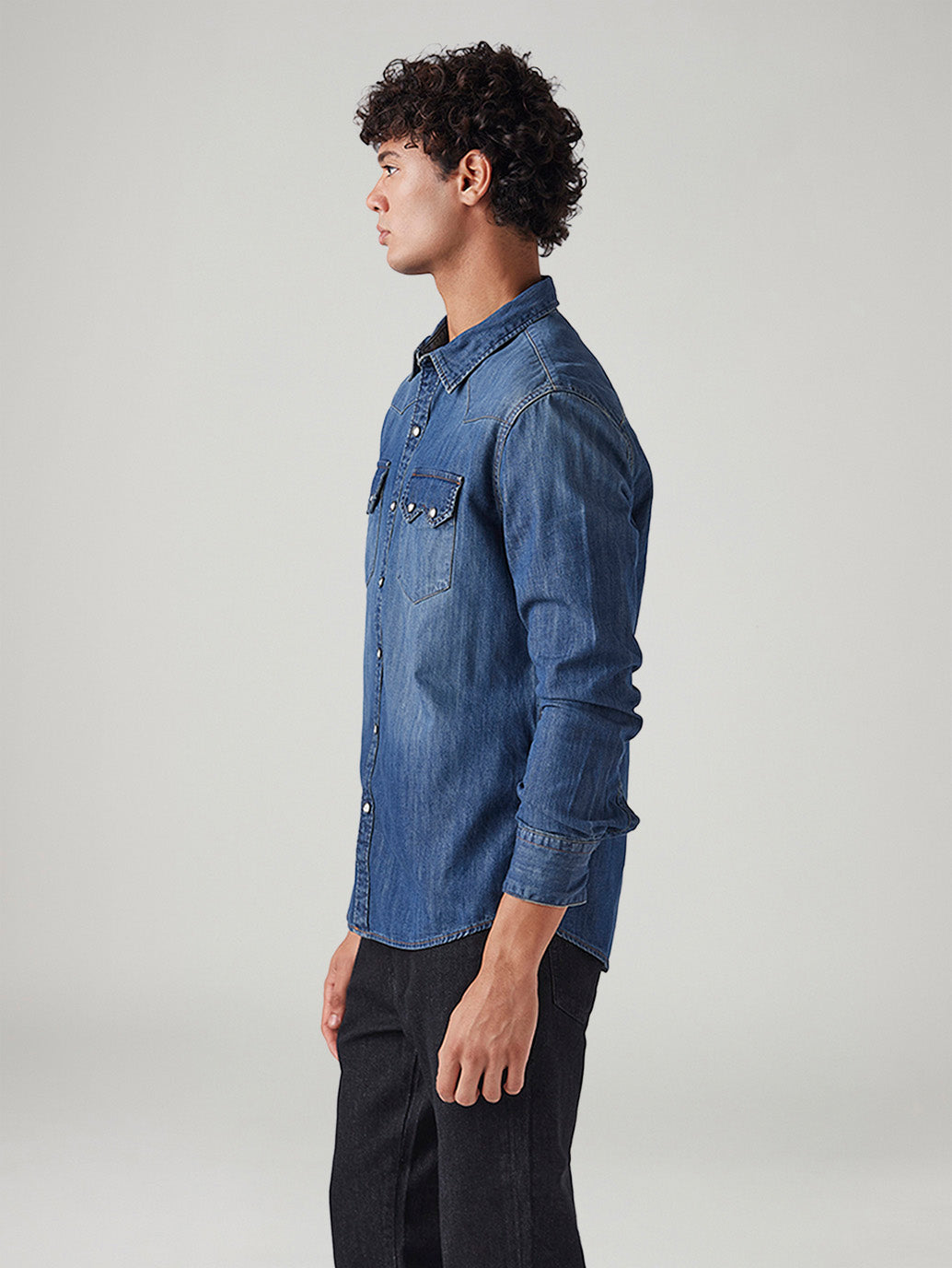 Men's Solid Slim Fit Denim Shirt - Side View
