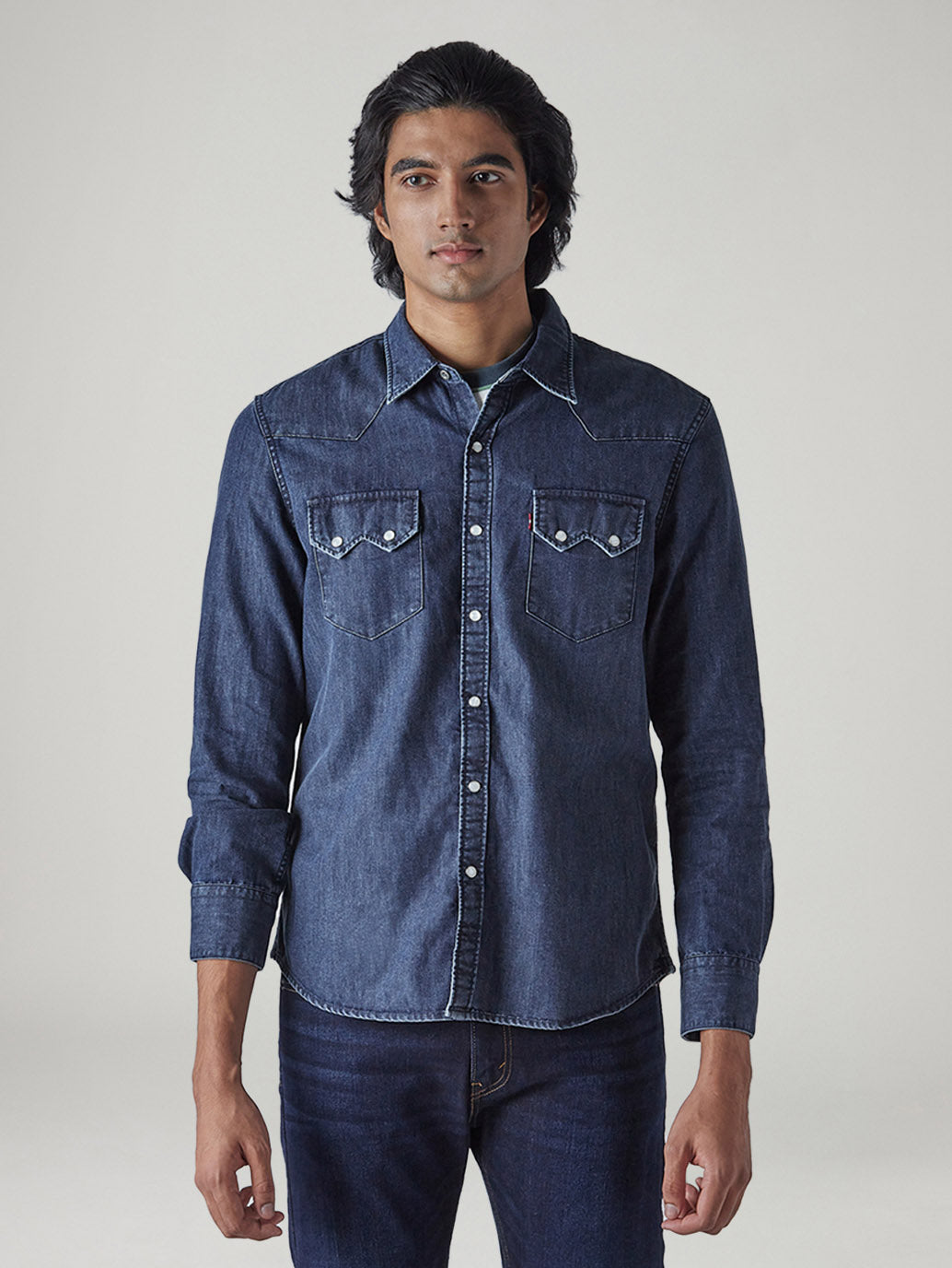 Men's Solid Slim Fit Denim Shirt - Front View