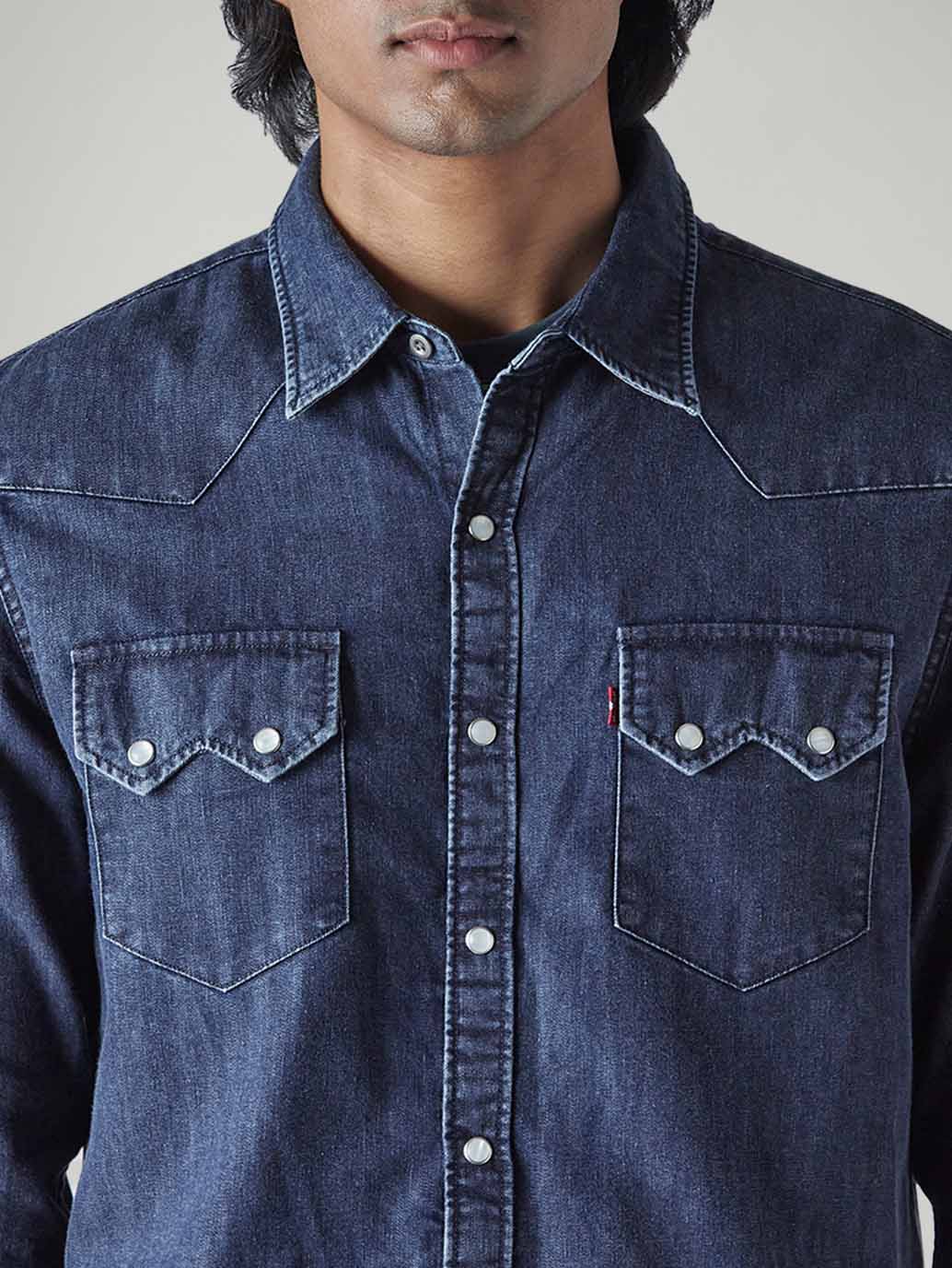 Men's Solid Slim Fit Denim Shirt - Detail View