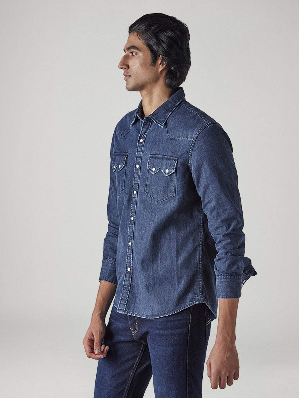 Men's Solid Slim Fit Denim Shirt - Side View
