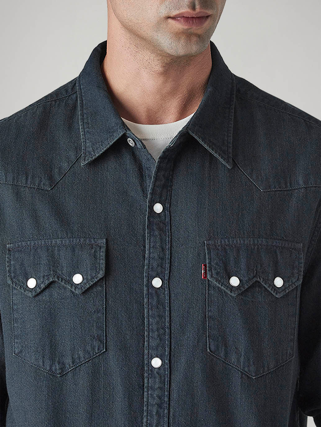 Men's Solid Slim Fit Denim Shirt - Detail View
