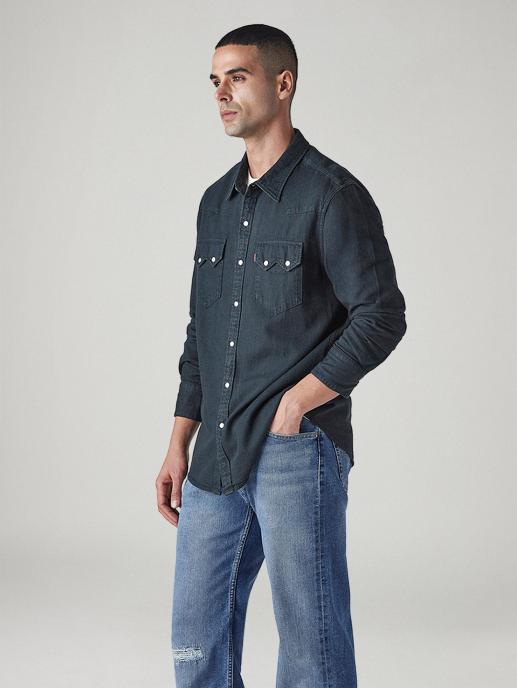 Men's Solid Slim Fit Denim Shirt - Side View