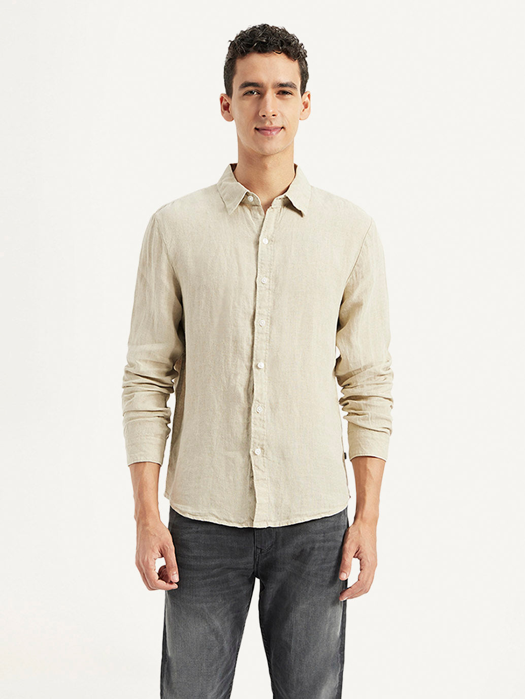 Men's Redloop Solid Slim Fit Linen Shirt - Front View