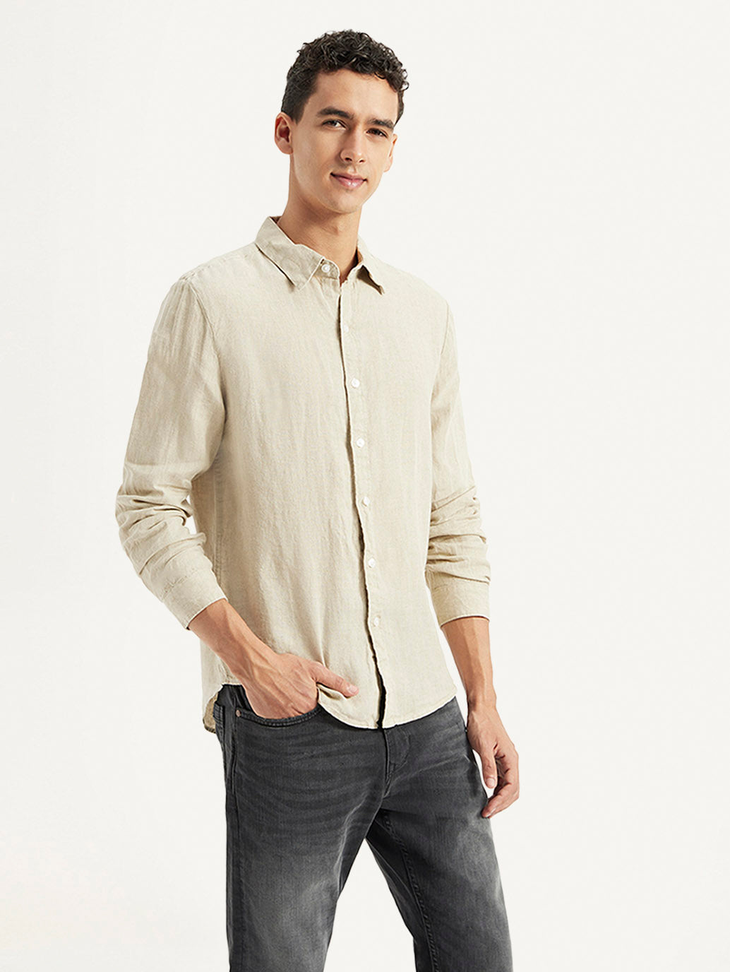 Men's Redloop Solid Slim Fit Linen Shirt - Side View