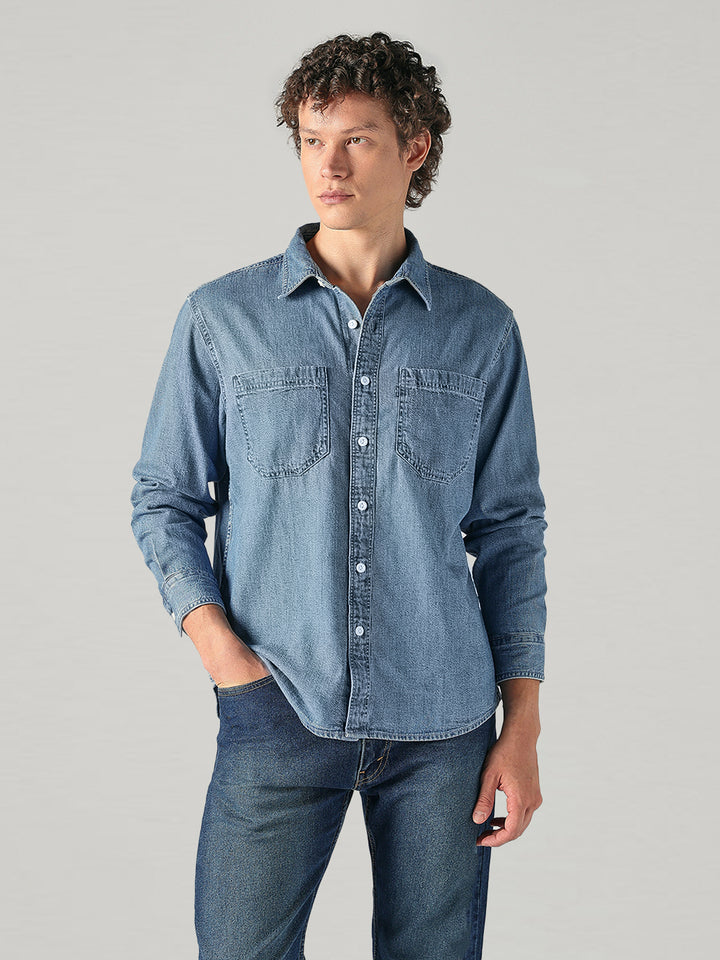 Men's Blue Solid Relaxed Fit Denim Shirt