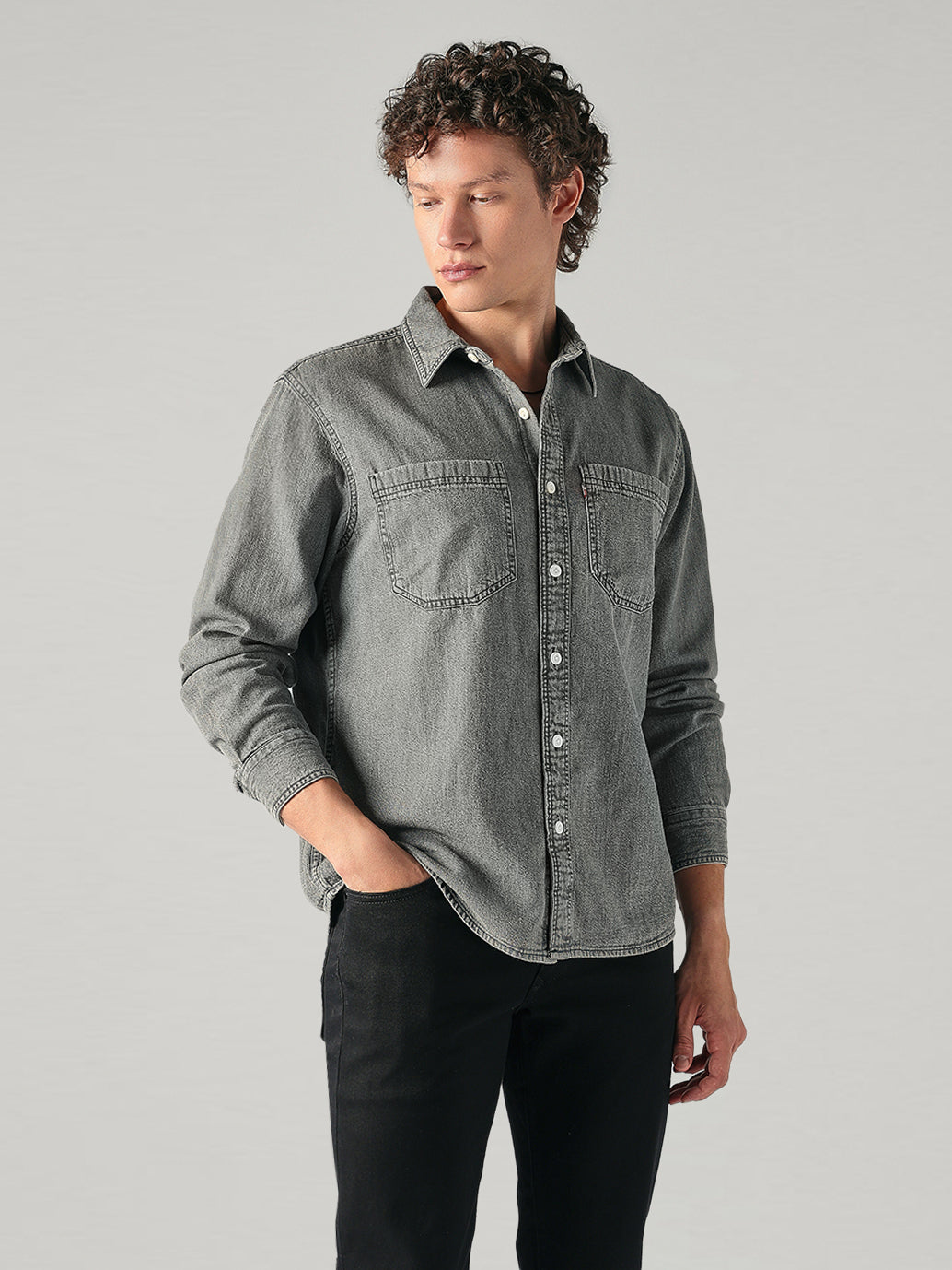 Men's Grey Solid Relaxed Fit Denim Shirt