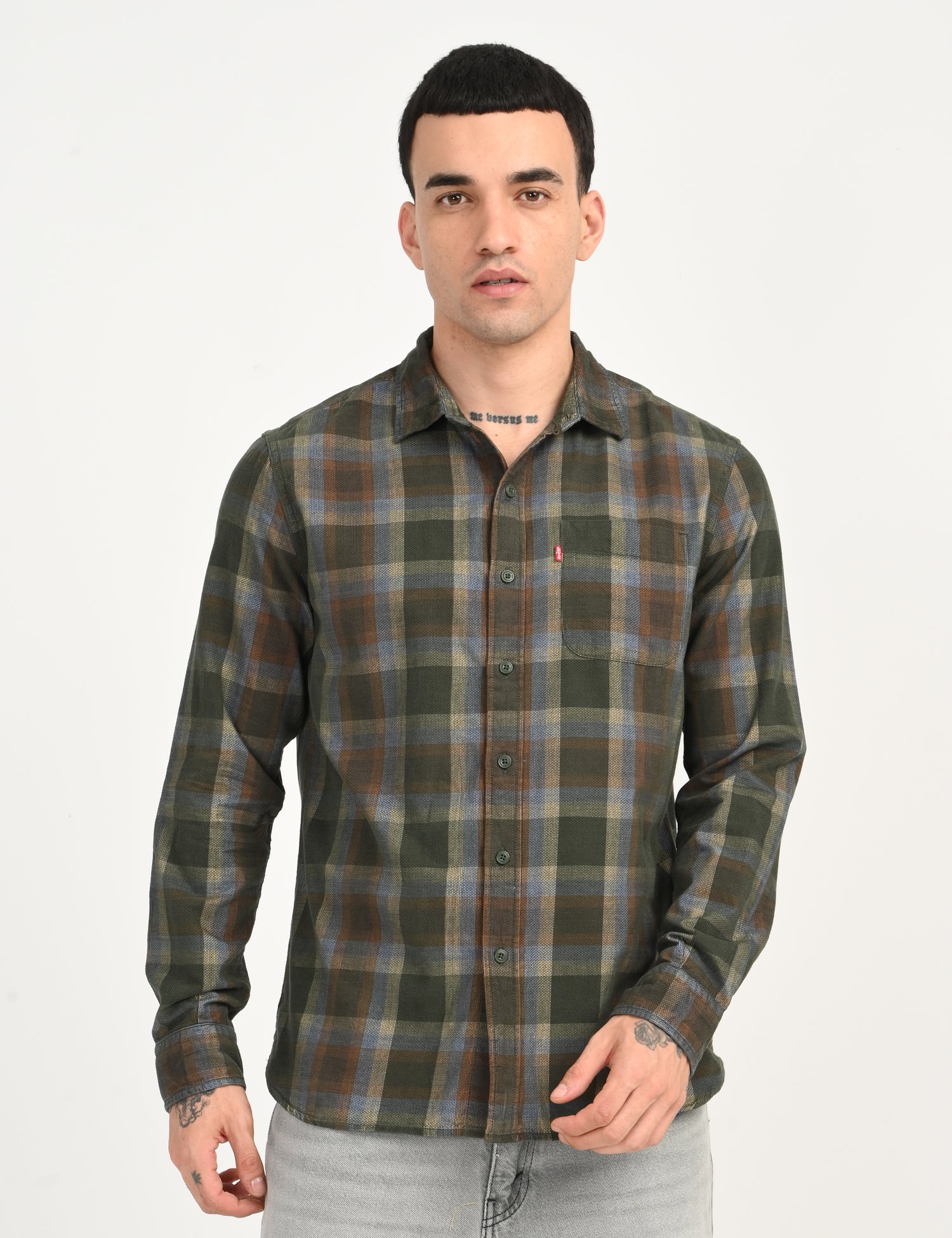 Men's Checkered Olive Slim Fit Corduroy Shirt