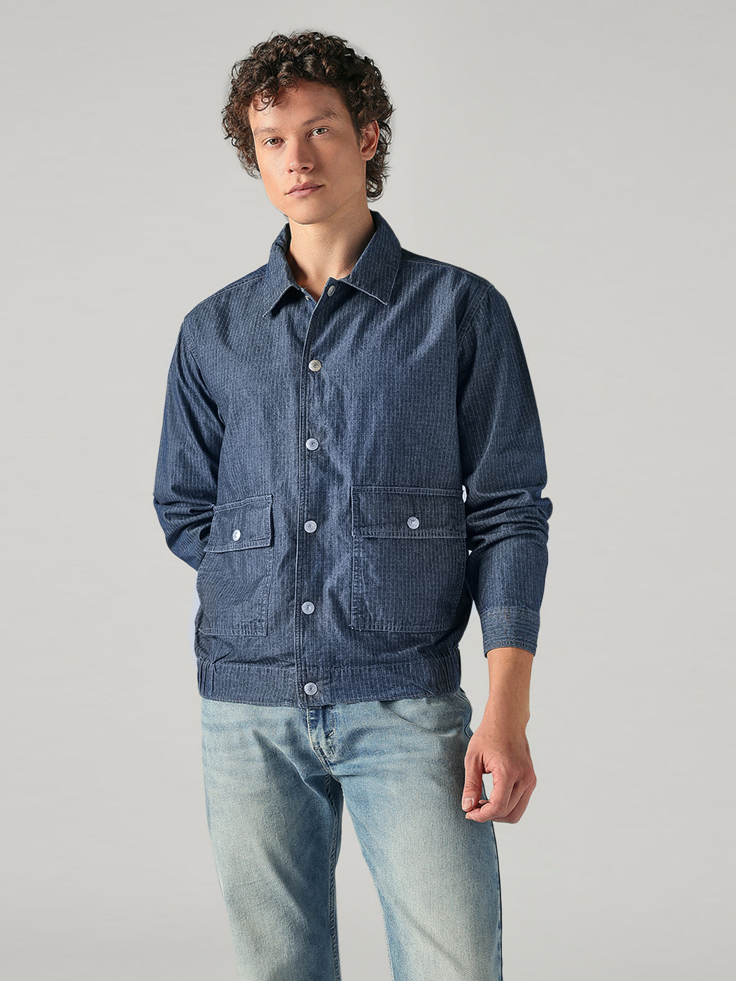 Men's Blue Checkered Relaxed Fit Chambray Shacket