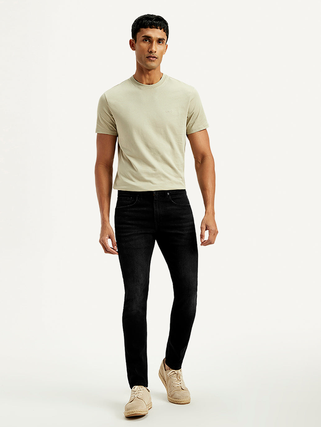 Men's Black Skinny Tapered Fit Mid Rise Jeans - Front View