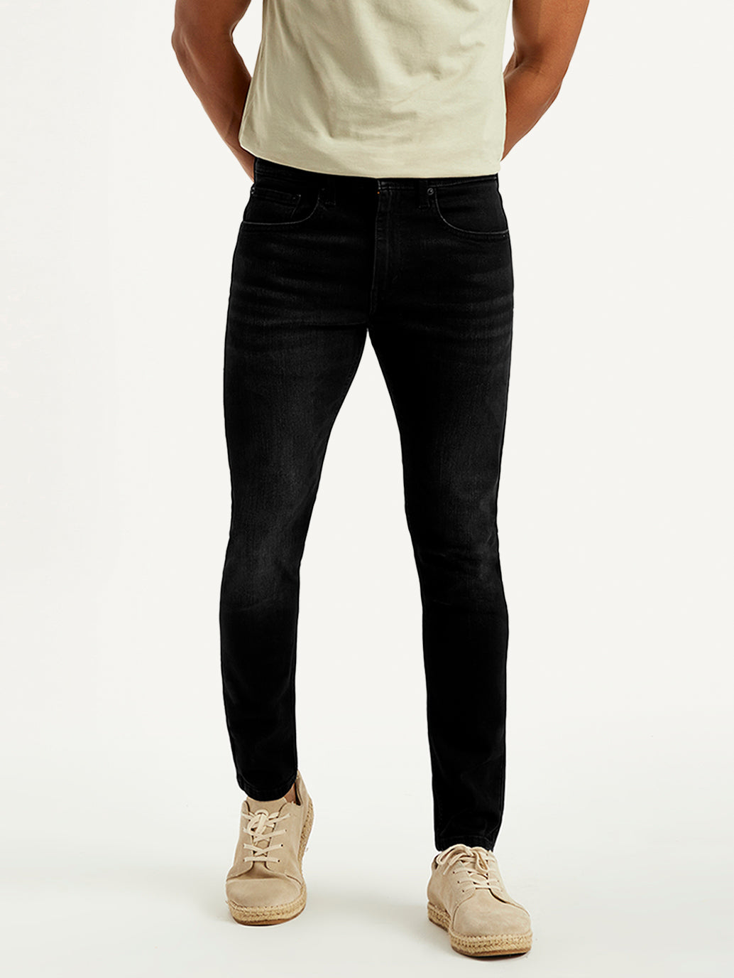 Men's Black Skinny Tapered Fit Mid Rise Jeans - Front View