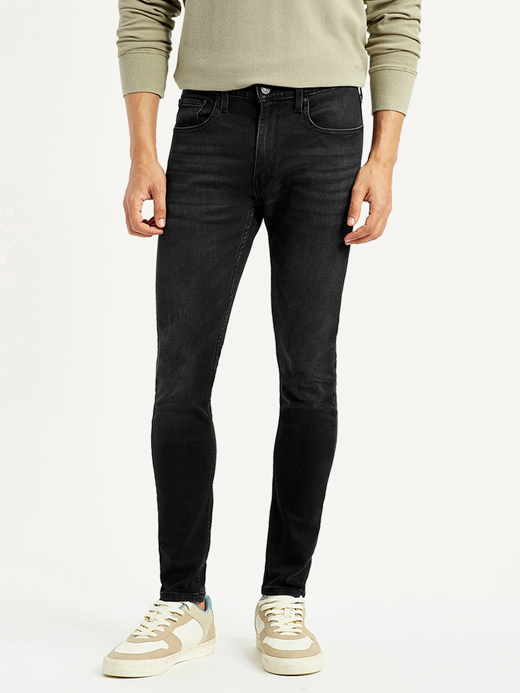Men's Black Skinny Tapered Fit Mid Rise Jeans - Front View