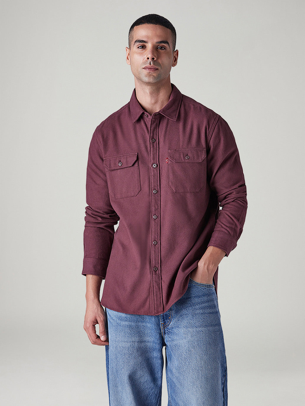 Men's Solid Relaxed Fit Flannel Shirt - Front View