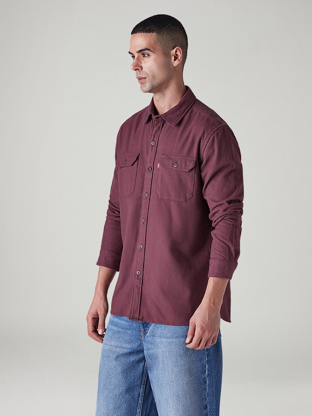 Men's Solid Relaxed Fit Flannel Shirt - Side View