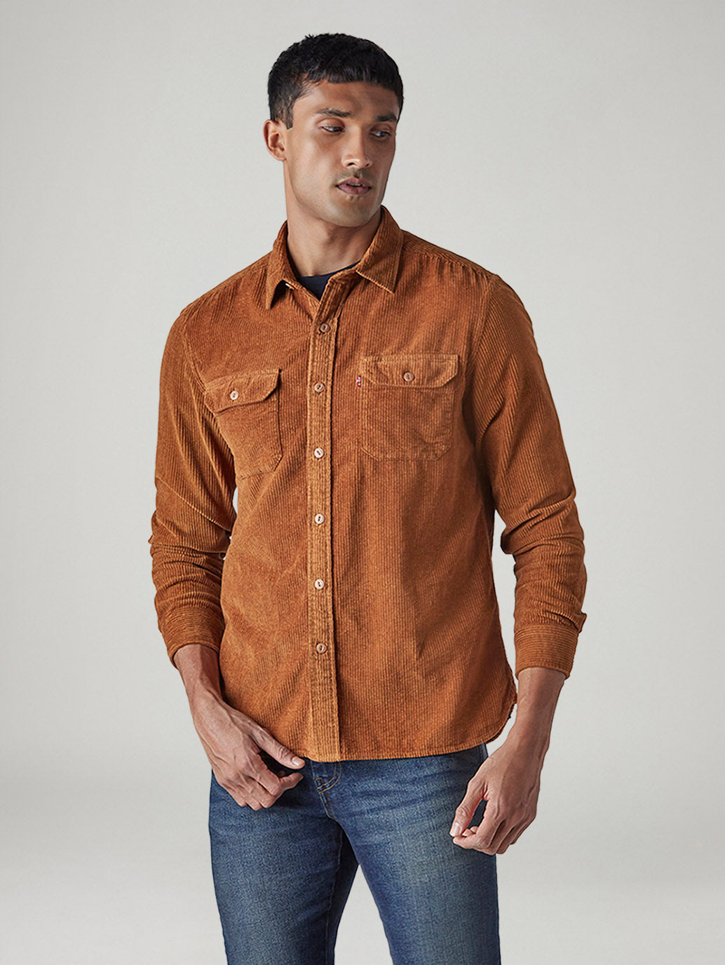 Men's Solid Relaxed Fit Corduroy Shirt - Front View