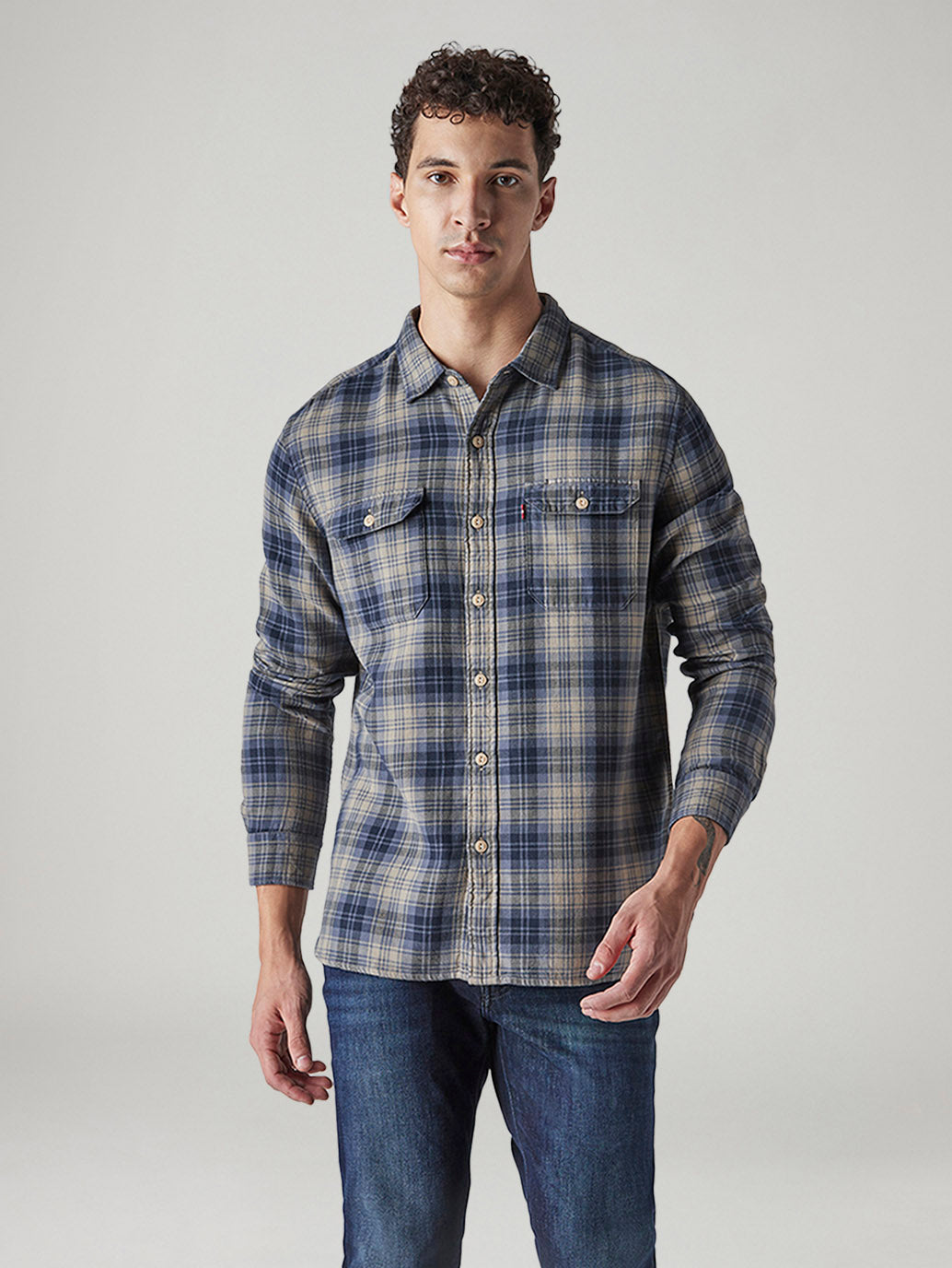Men's Checkered Relaxed Fit Textured Shirt - Front View