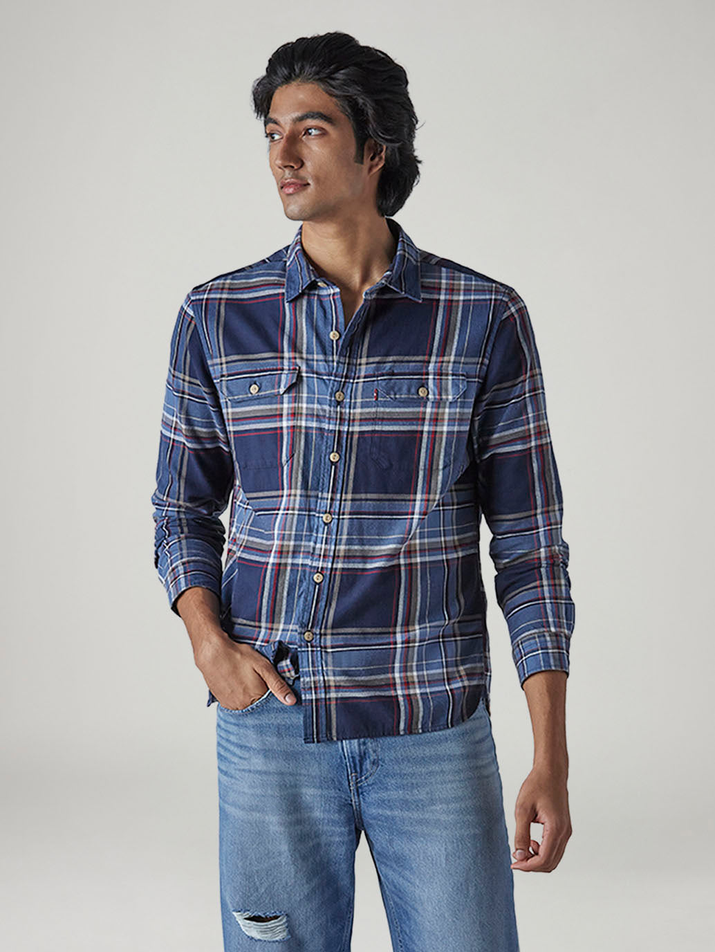 Men's Blue Relaxed Fit Plaid Shirt