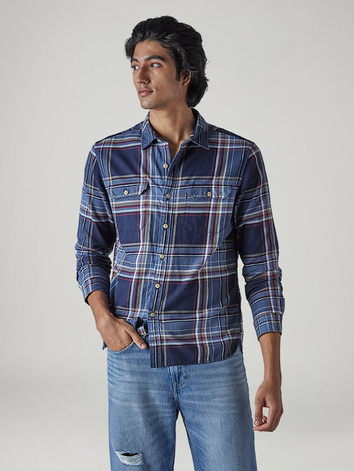 Men's Blue Relaxed Fit Plaid Shirt