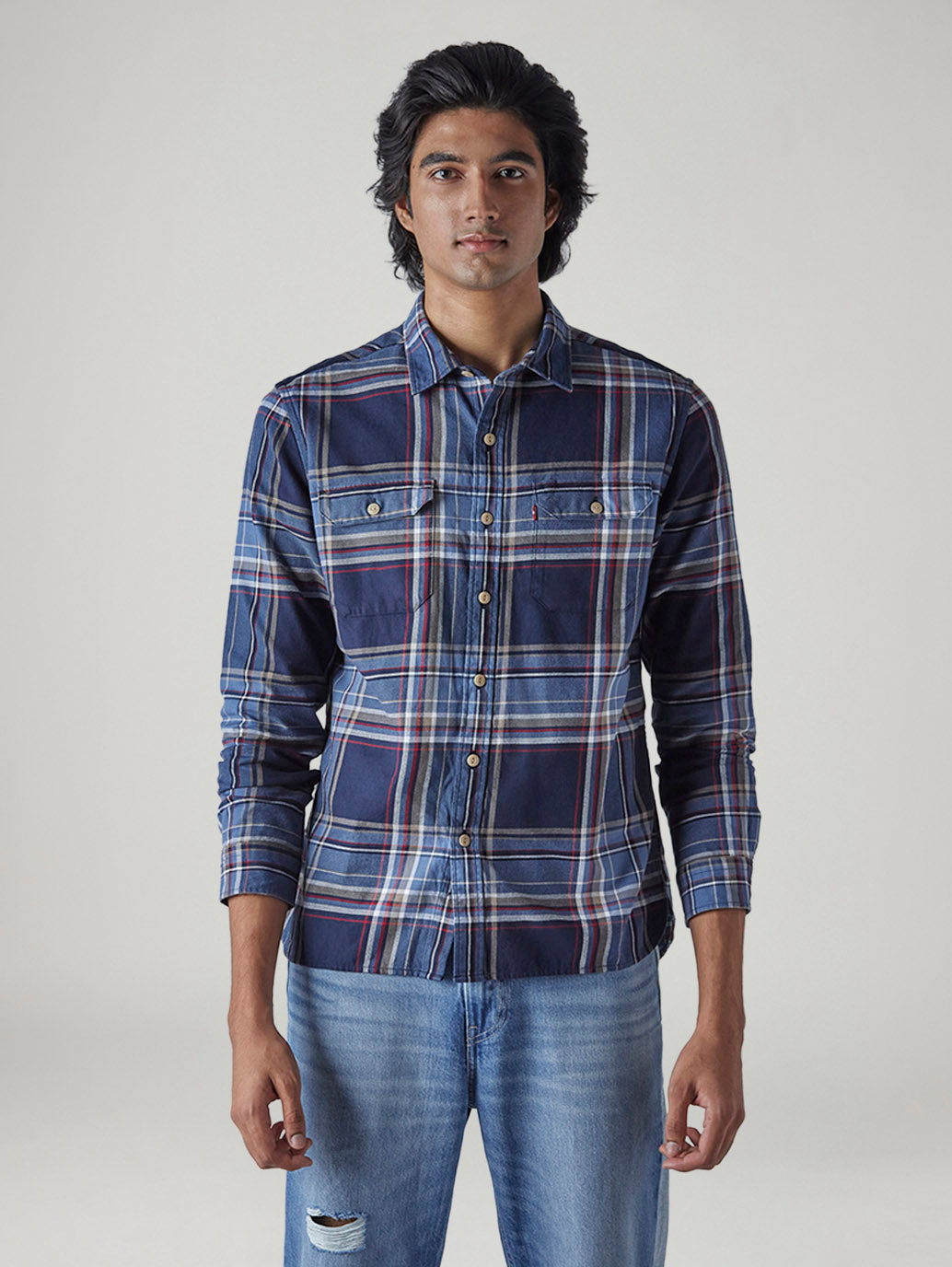 Men's Blue Relaxed Fit Plaid Shirt - Front View