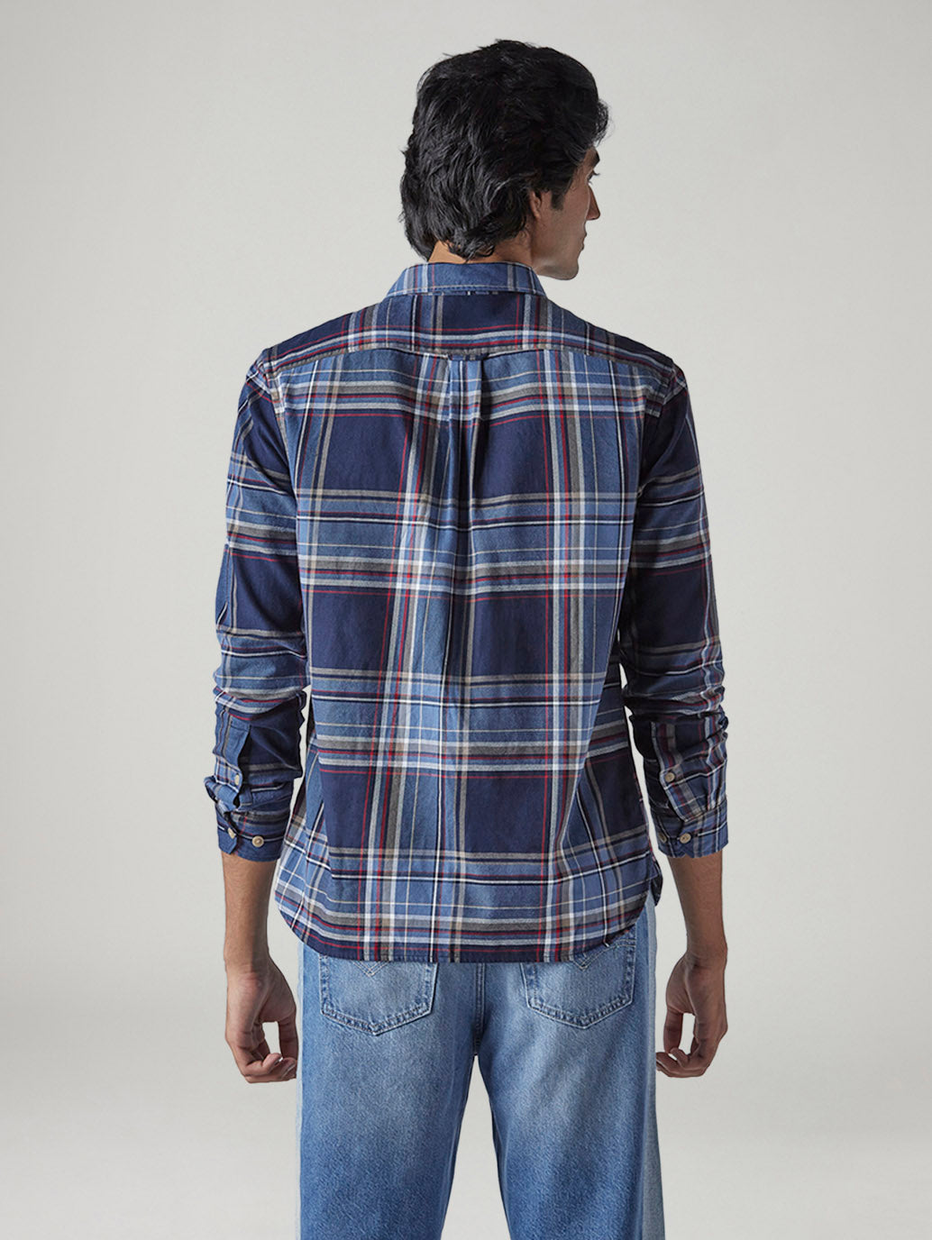 Men's Blue Relaxed Fit Plaid Shirt - Back View