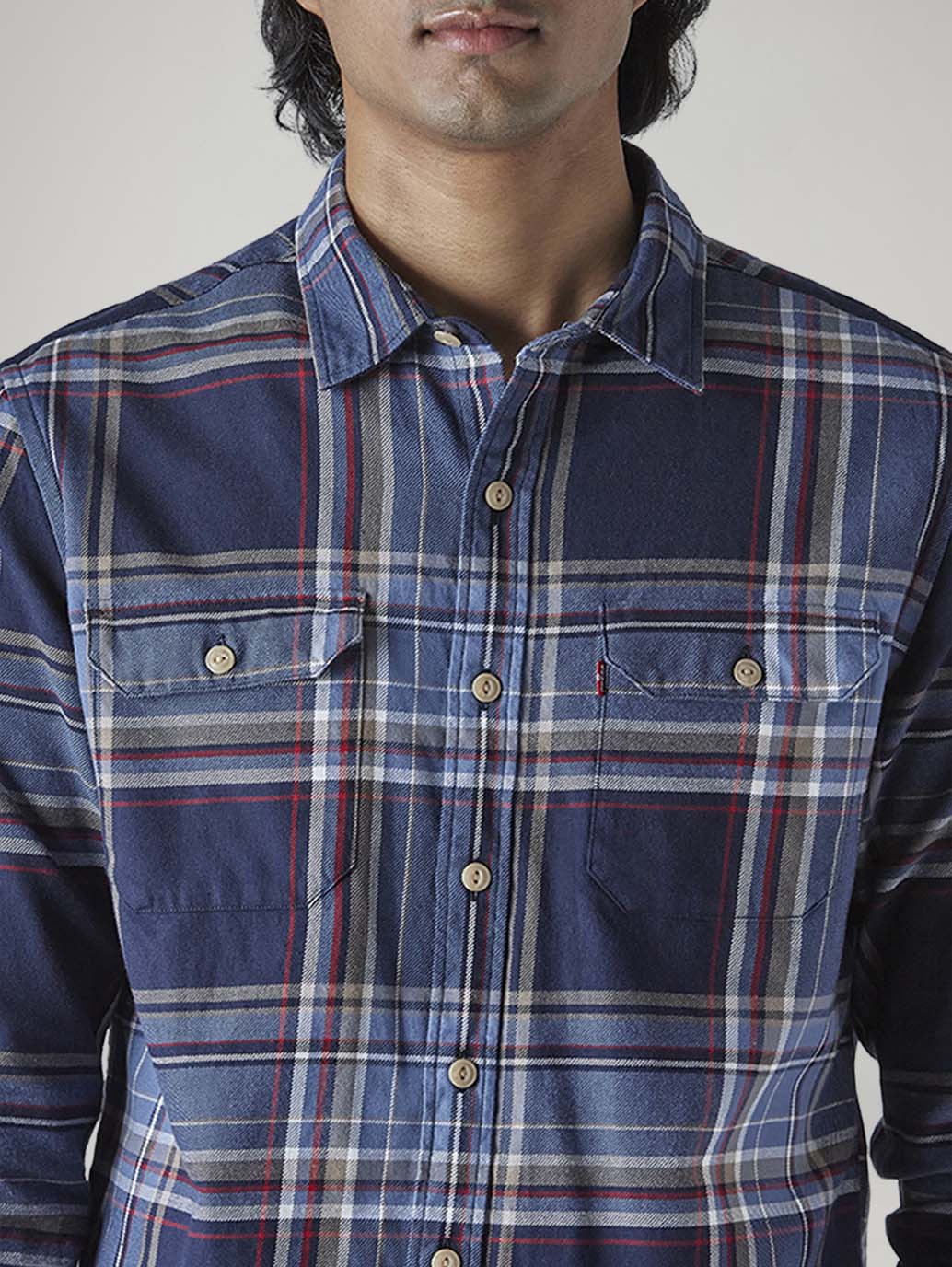 Men's Blue Relaxed Fit Plaid Shirt - detail View