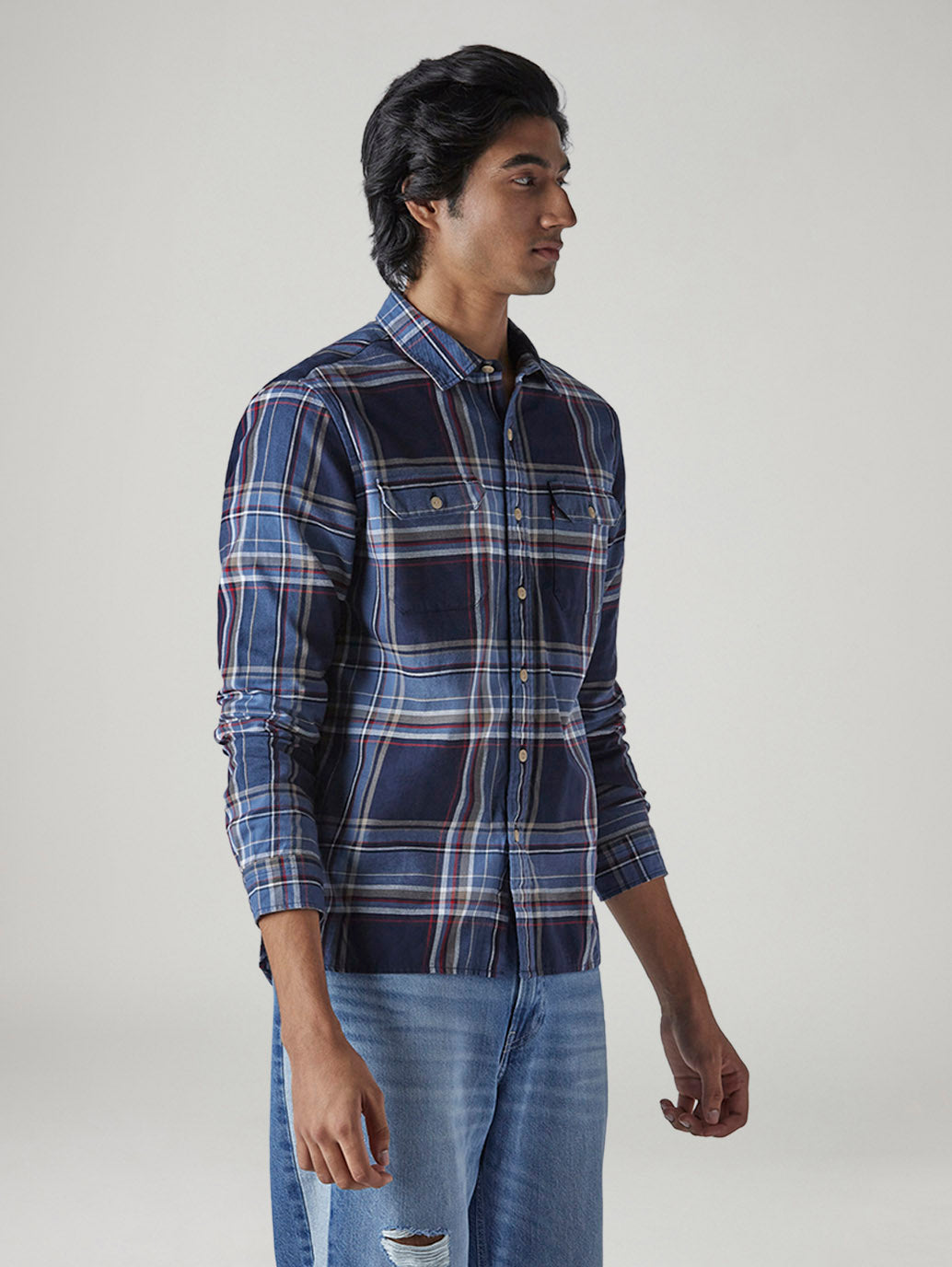 Men's Blue Relaxed Fit Plaid Shirt - Side View