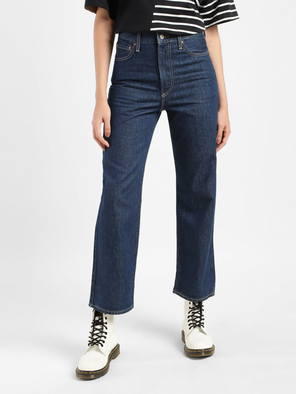 Women's Navy Blue Ribcage Straight Ankle Fit Mid Rise Jeans