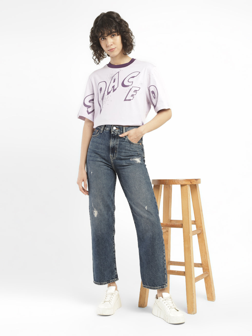 Women's Blue Ribcage Straight Ankle Fit Mid Rise Jeans - StyleShot View