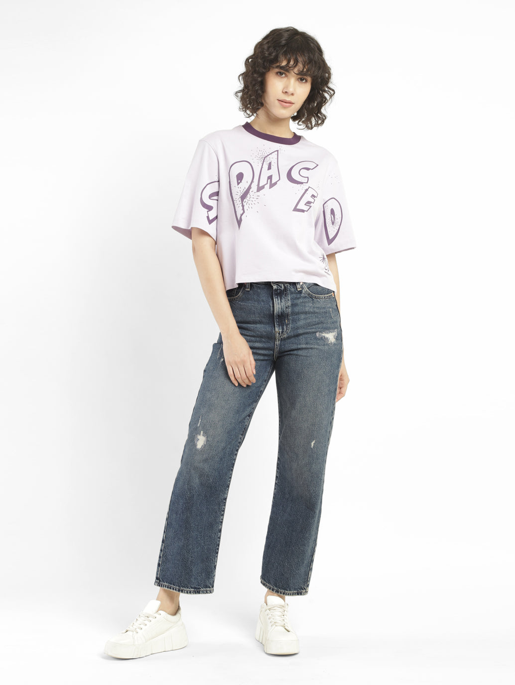 Women's Blue Ribcage Straight Ankle Fit Mid Rise Jeans - ModelFront View