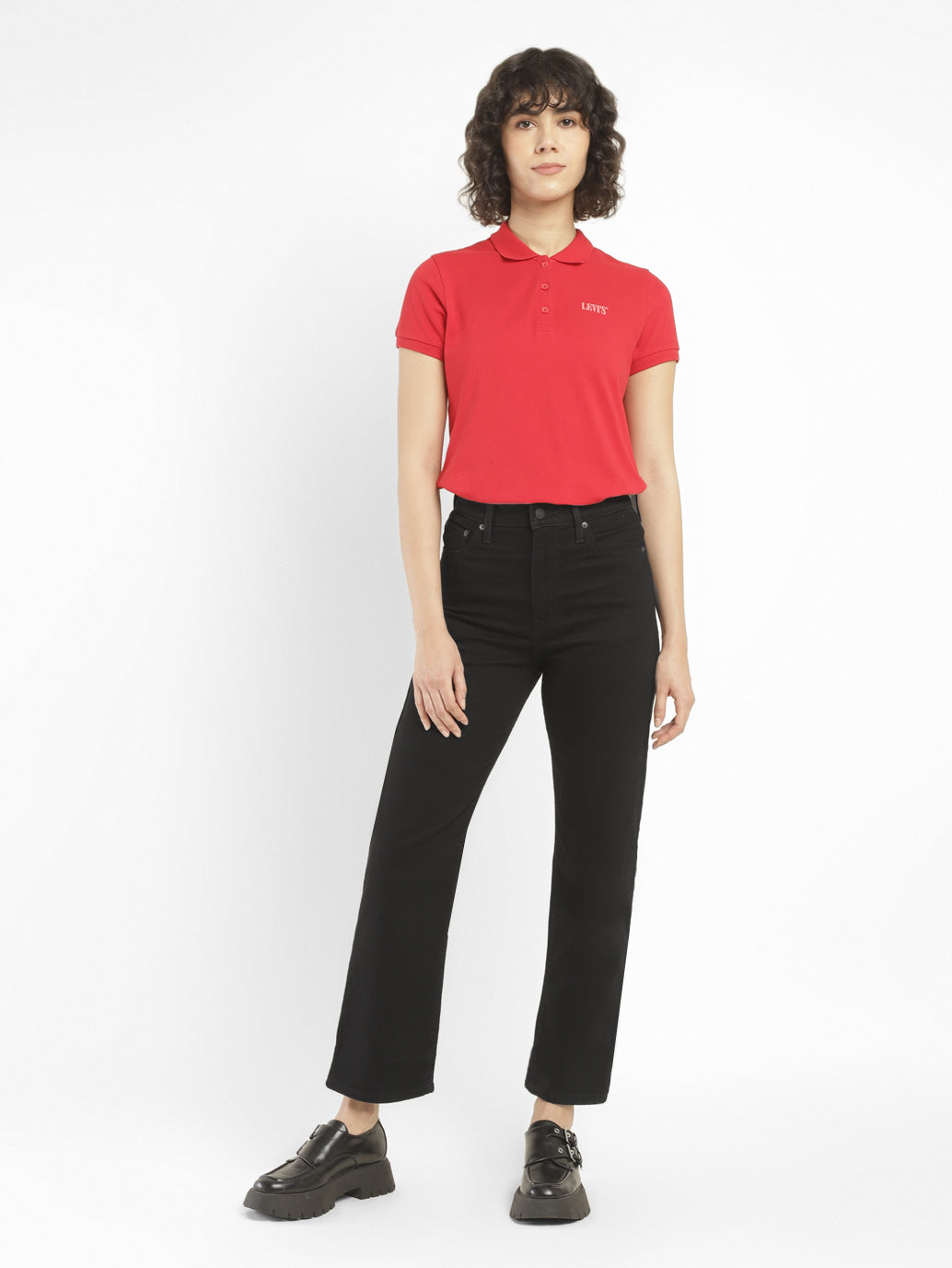 Women's Black Ribcage Straight Ankle Fit High Rise Jeans - ModelFront View