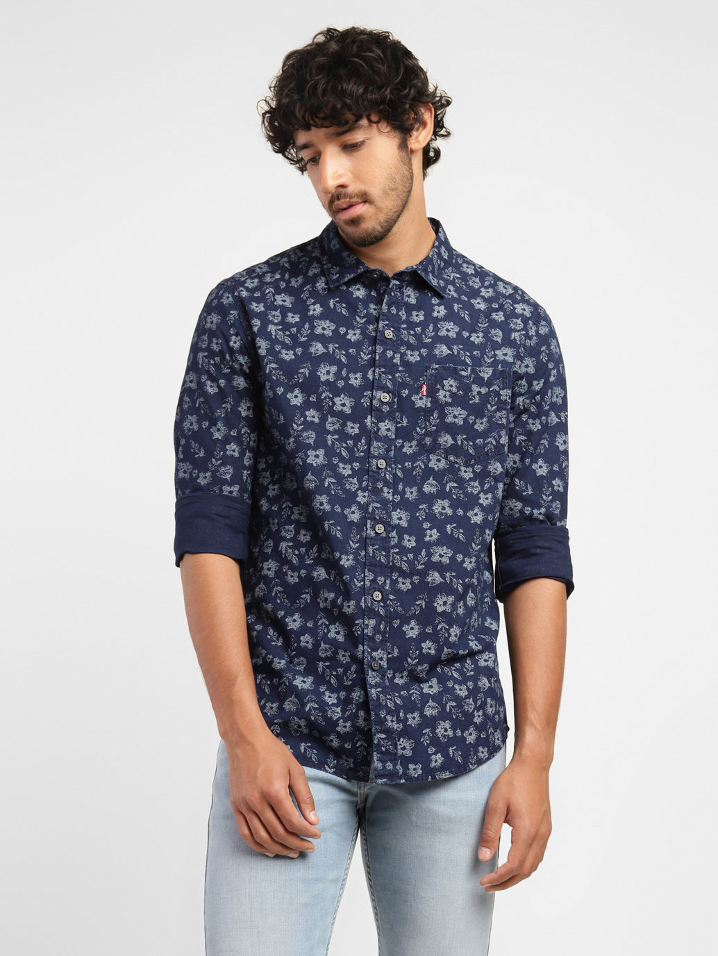 Men's Floral Print Spread Collar Shirt